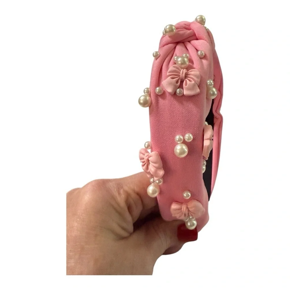 Pink Knotted Headband with Pearls and 3D Bows
